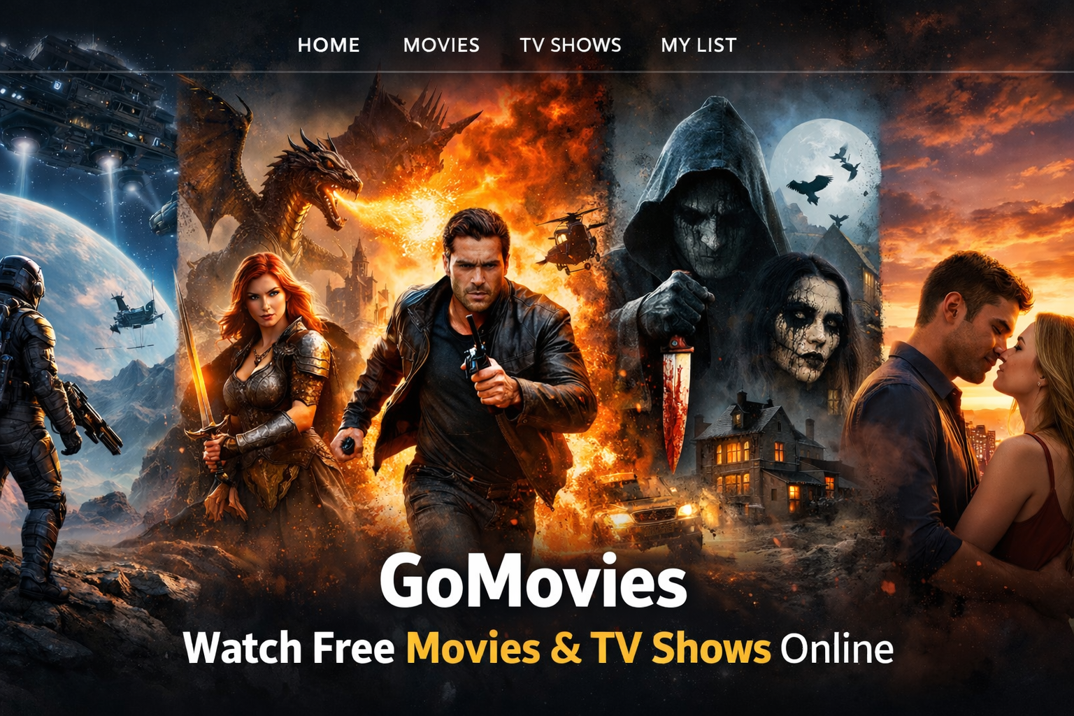 Gomovies banner with movie and series visuals